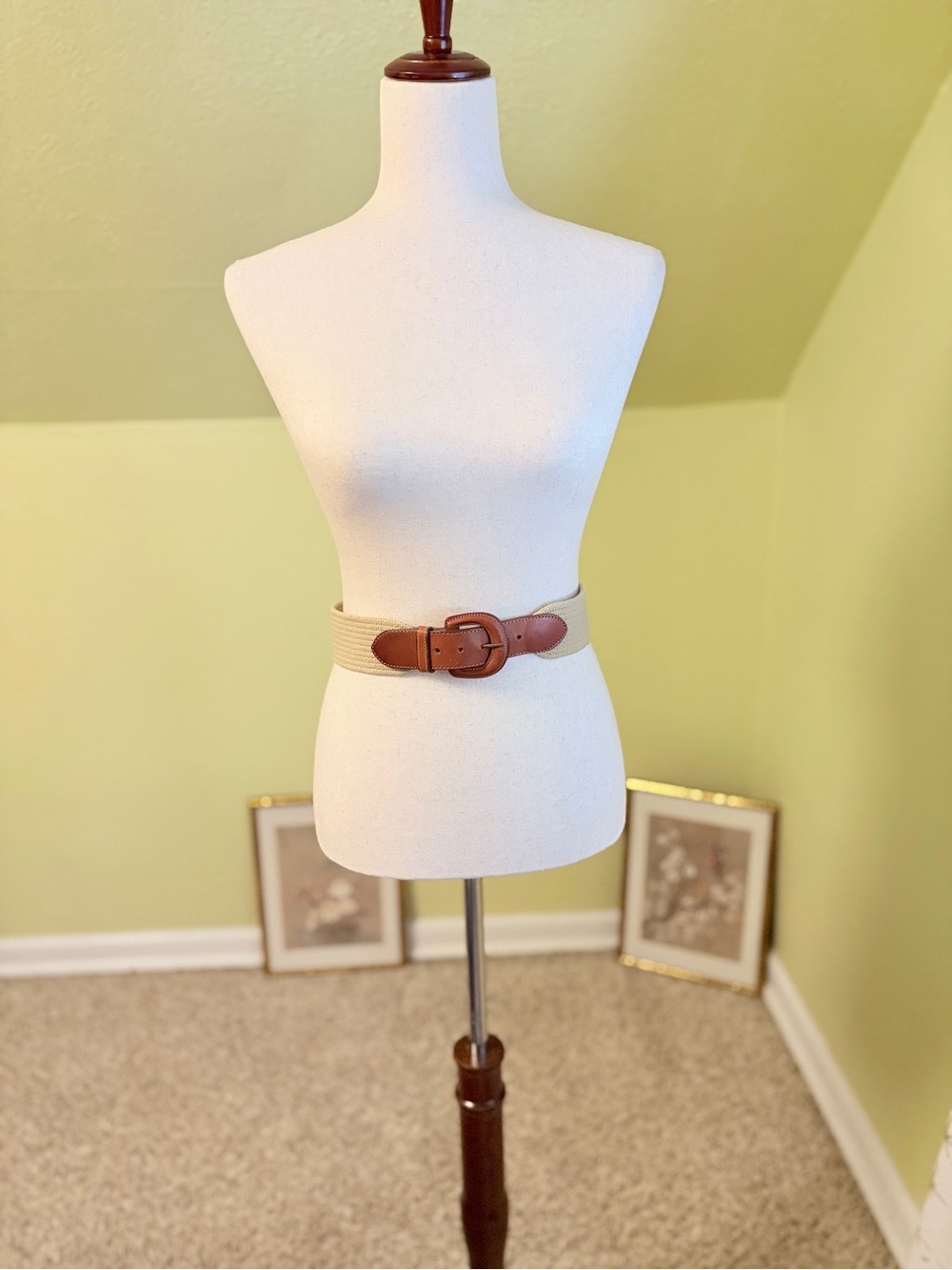 Vintage Lands' End Woven Elastic Stretch Belt Leather Trim Made in USA Size 28